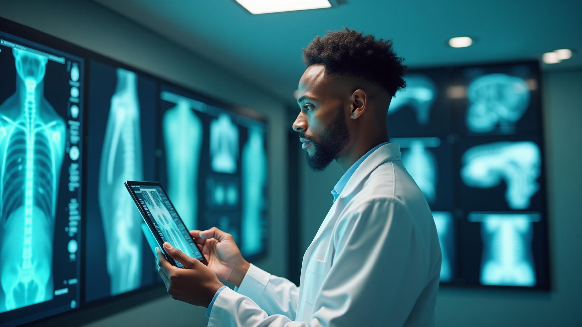 Healthcare professional analyzing medical imaging with AI assistance